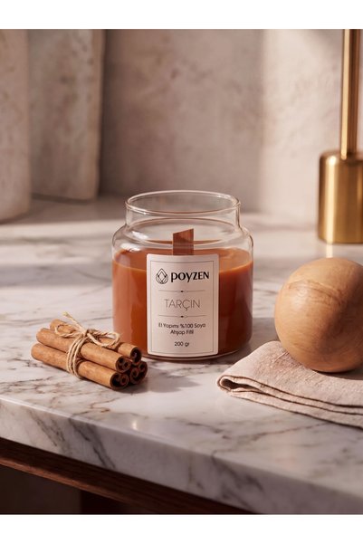 Tarçın Kokulu %100 Doğal Soya Mumu - Ahşap Fitilli Cam Kavanoz 200 gr & Özel Tasarım Kibrit Hediyeli