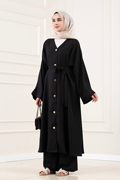 Sevitli Buttoned Davin Abaya Double Set-Black