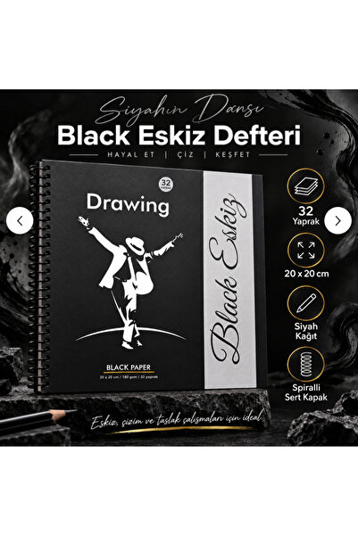 DreamArtgalery Black Sketchbook 20X20 cm Black Paper Drawing Notebook 32 Shee...