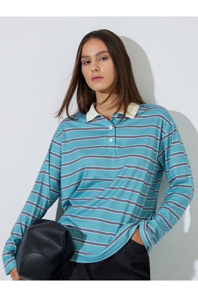 Styli Green Striped Long Sleeves Oversized Polo T-Shirt