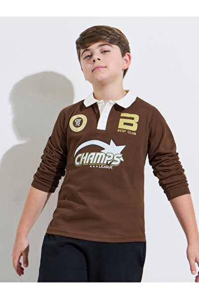 Styli Brown Graphic Print Long Sleeves Contrast Collar Polo T-Shirt
