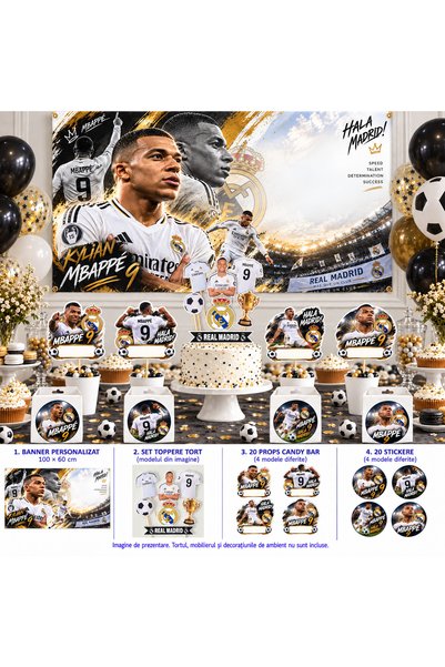 Aniversari de Neuitat Pachet petrecere Mbappe - banner personalizat 100×60 cm, set de toppere pentru tort, 20 props pentru Candy Bar și 20 stickere rotunde