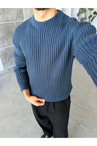 FO4RBS Corduroy Knitted Basic Oversized Knitwear Sweater m - Indigo