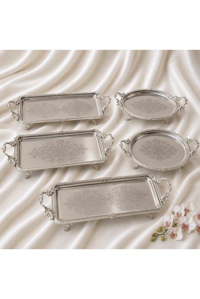 alya home aksesuar 5 Parça Metal Servis Sunum Seti Gümüş