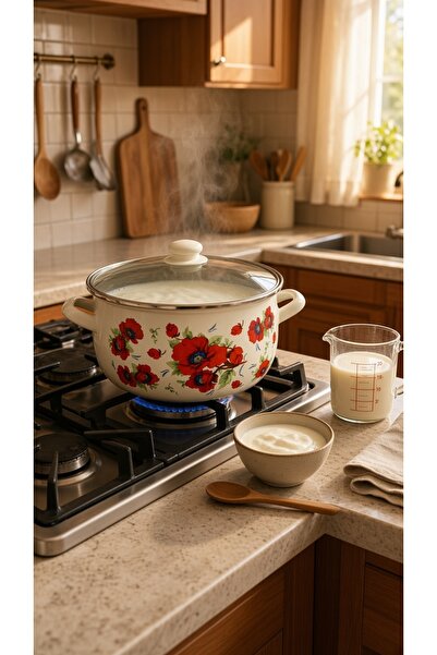 EBRULİEMAYE Gelincik Enamel Pot 6 Liters 26 cm Diameter Milk Yogurt Soup Cook...