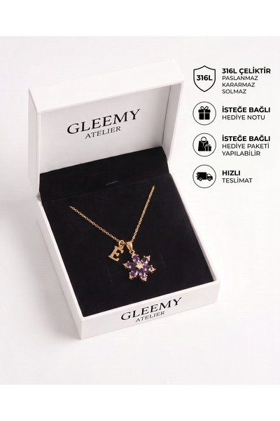 Gleemy accesories Kişiye Özel Harfli Mor Zirkon Lotus Çiçeği Gold Kadın Kolye