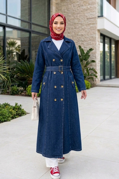 Hb Harma Time Butik معطف نسائي طويل باللون الأزرق الداكن مع حزام وجيوب بأزرار