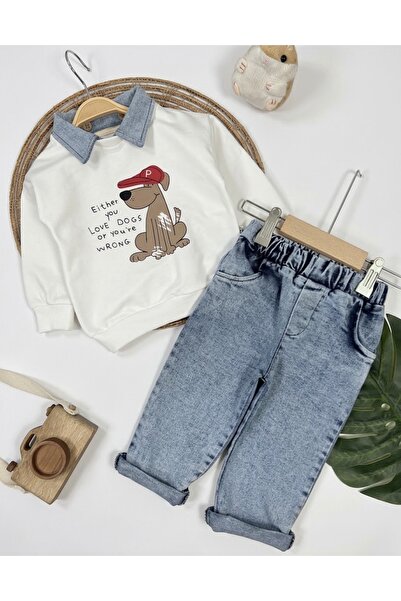 Asila Baby Sök Tak Polo Collar Cute Dog Printed Sweatshirt and Lycra Jeans Pa...