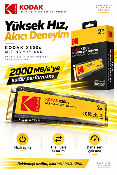 Kodak X300s 2TB M.2 NVMe PCIe Gen3x4 2280 SSD 2500 MB/s Okuma 2000 MB/s Yazma...