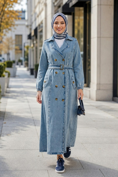 Hb Harma Time Butik معطف نسائي مفتوح اللون أزرق فاتح مع حزام وجيوب بأزرار