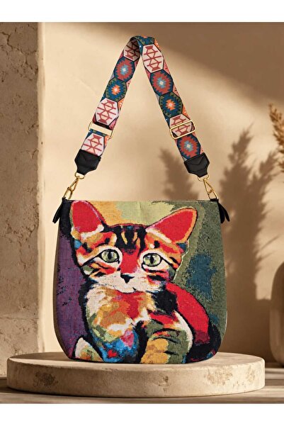 Kedi Desenli Goblen Kadın Çanta - Otantik dokuma Omuz Çantası - kilim desen Askılı Omuz Çantası