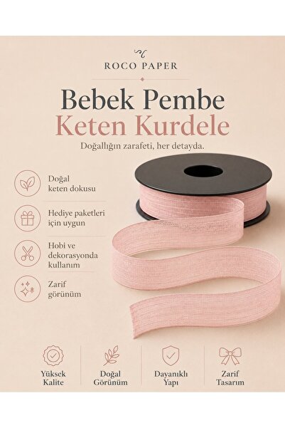 roco paper Baby Pink Linen Ribbon 2.5Cmx20Meters, Gift Wrapping and Hobby Rib...