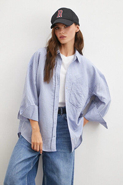 NEVERMORE Striped Oversize Shirt Light Blue