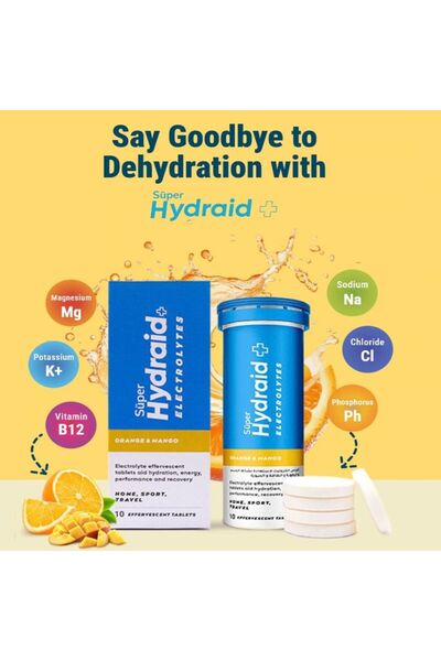 Super Hydraid أقراص إلكتروليت للترطيب، بنكهة البرتقال والمانجو، إلكتروليتات فوارة مع فيتامينات سي وبي 12 ودي 3، قرص واحد في 200 مل من الماء