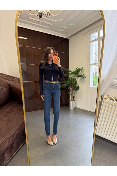 BOLESA GİYİM Dark Blue Mom Jean Pantolon