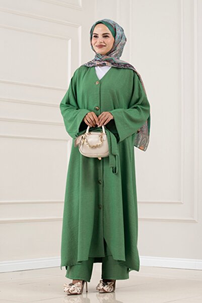 Sevitli Buttoned Davin Abaya Double Set-Green