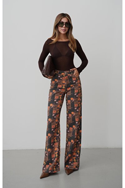 Myra Fashion Kadın Desenli Denim Bol Paça Pantolon