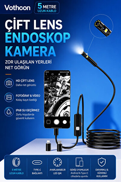E BULURUM 5 Metre Çift Kameralı iOS/Android Uyumlu Yılan Endoskop Kamera 8mm 2MP LED’li Sert Kablo