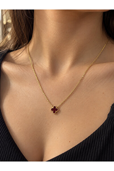 ANKA JEWELLRY KADIN ÇELİK BORDO TAŞLI KÜÇÜK YONCA KOLYE – ÖZEL TASARIM ZARİF ...