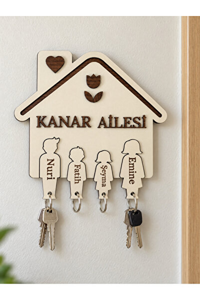 Kişiye Özel Aile İsimli Anahtar Askılığı 4 Çıkarılabilir Figürlü MDF 23x19 cm
