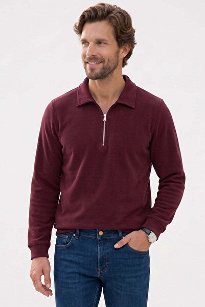Tudors Erkek Regular Fit Klasik Kesim Fermuarlı Selanik Kumaş Bordo Polo Yaka...