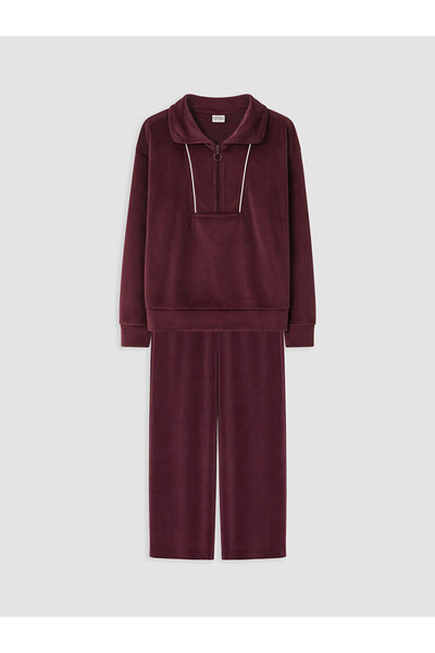 LC Waikiki Mürdüm Girl's Velvet Tracksuit Set