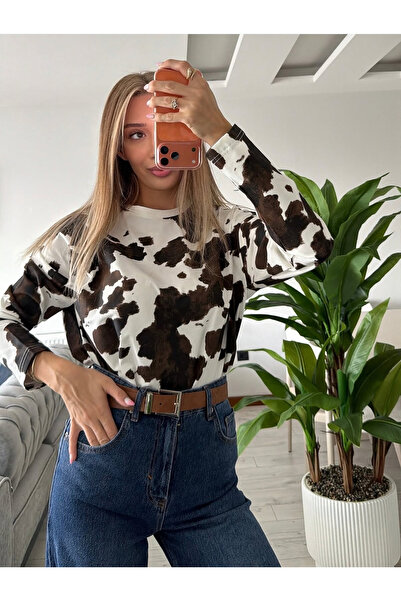 HAZELANNA Desenli Bisiklet Yaka Premium Kalite Uzun Kollu Kadın Bluz T-Shirt