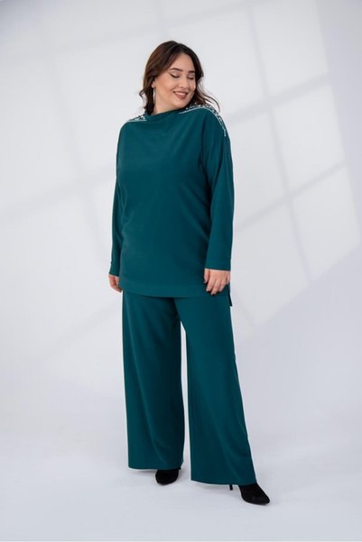 Roxxlen Plus Size Women's Shoulder-Stoned Zipper Suit
