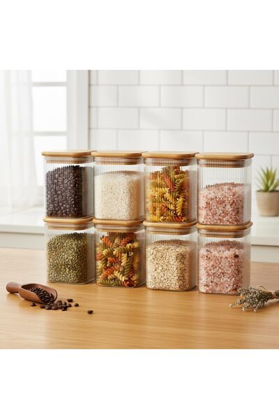 Deconox 6'lı Set 275 ml Bambu Kapaklı Kare Cam Kavanoz - Vakumlu Mini Boy Çek...