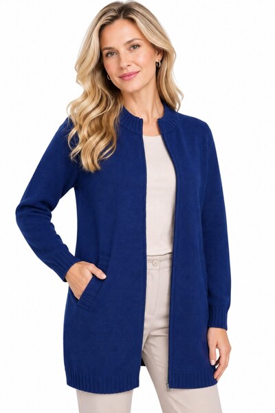 Desen Triko Women's Stand Collar Basic Zippered Long Wool Coat Indigo