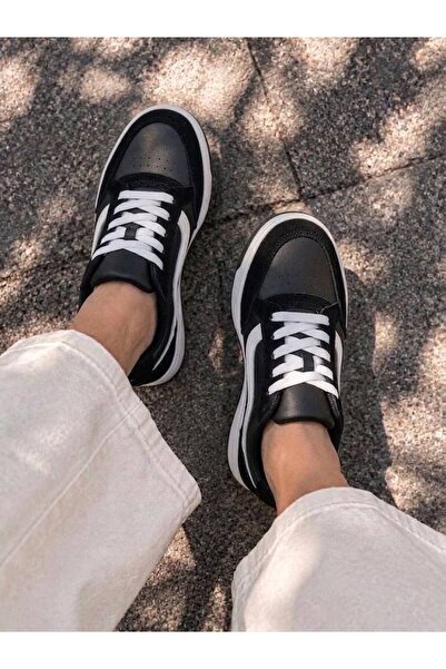 en7 Siyah Beyaz Unisex Günlük Sneaker Spor Ayakkabı Kalın Taban Bağcıklı Süet Detaylı Rahat Şık Ayakkabı 2608