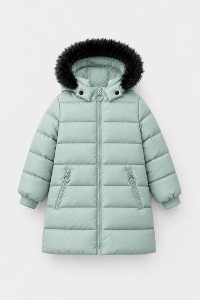 EA LİNE Girl's Fur Detailed Hooded Long Winter Puffer Coat - Çağla