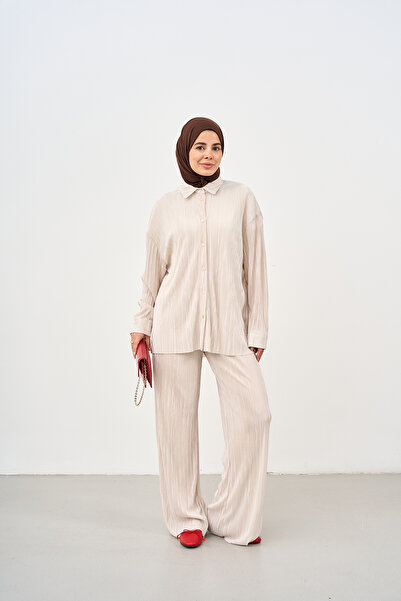 LOCCO Women's Pleated Detailed Shirt Suit Stone