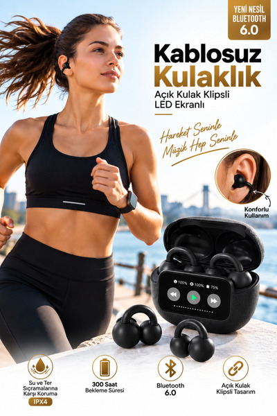 CROW'S TECH OWS Bluetooth 6.0 Açık Kulak Klipsli Kulaklık Akıllı LED Ekran IPX4 Hafif Konforlu Tasarım