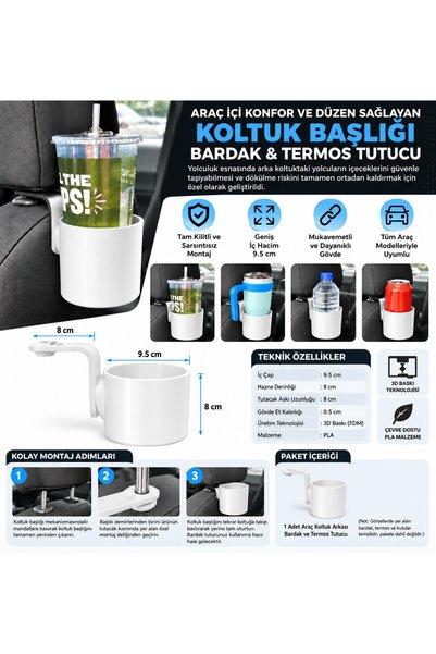 PİYATECH In-Car Cup Holder - Seat Back Headrest Clip-On Thermos Bottle Hanger...