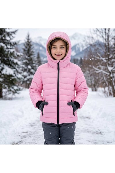 Merdia Kids Kız Çocuk Düz Çizgili Su ve Rüzgar Geçirmez İçi Kürklü Mont