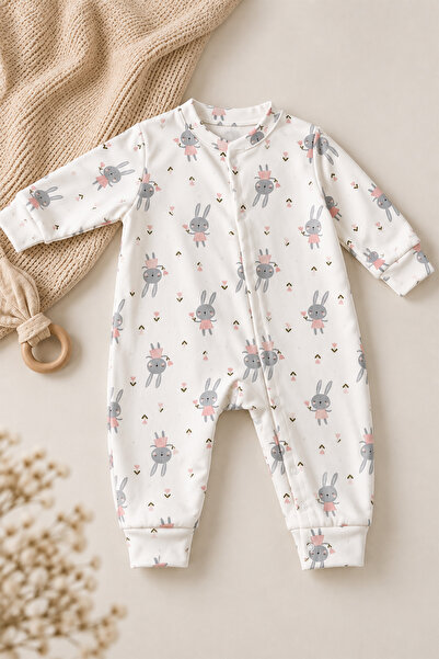 Luppinos Soft Dream Geniş Kalıp %100 Pamuk Tavşan Baskılı Çıtçıtlı Tulum