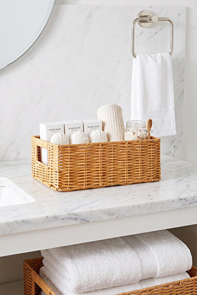 Ocean Home Textile Yıkanabilir Bej PP Rattan Dolap İçi Çamaşır Çocuk Odası Oyuncak Düzenleyici Saklama Sepeti Organizer 30x20x11