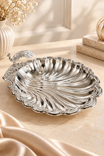 RASHA COLLECTION Tavus Kuşu Figürlü Gümüş Sunum Tabağı – Çerezlik ve İkramlık