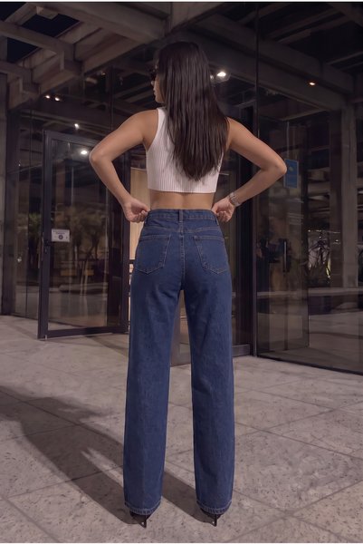 WeShaya Women's New Season Dark Blue Lycra High Waist Full Stone Front Wide Leg Jeans