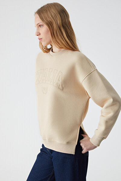 ETHIQUET RICENNI Kadın Bisiklet Yaka Oversize Taş Rengi Sweatshirt