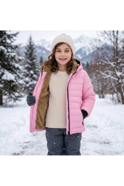 Merdia Kids Kız Çocuk Düz Çizgili Su ve Rüzgar Geçirmez İçi Kürklü Mont