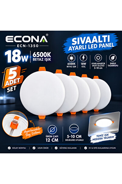 ECONA 5 ADET 18W Beyaz Işık 6500K Sıva Altı Ayarlı LED Panel - Frameless Çerç...