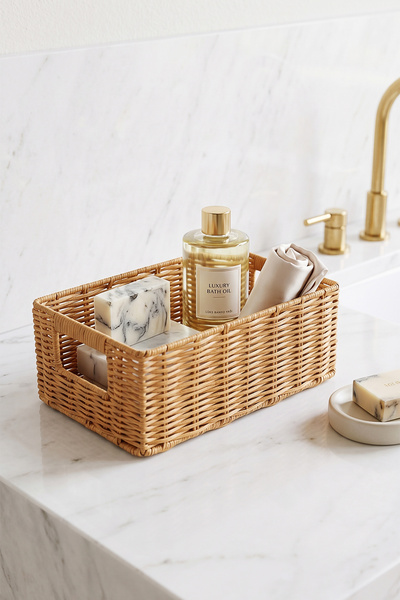 Ocean Home Textile Yıkanabilir Bej PP Rattan Dolap İçi Çamaşır Çocuk Odası Oyuncak Düzenleyici Saklama Sepeti Organizer 30x20x11