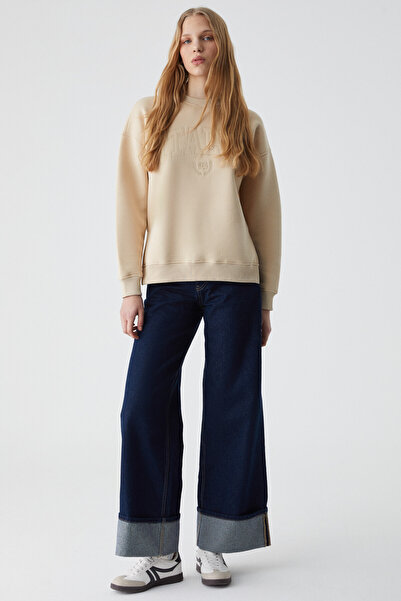 ETHIQUET RICENNI Kadın Bisiklet Yaka Oversize Taş Rengi Sweatshirt
