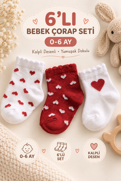 LUVVERA 6 Çift Bebek Çorap Seti 0-6 Ay Kalpli Desenli Kız Bebek Çorap