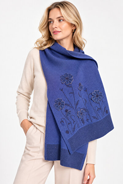 Desen Triko Women's Single-Sided Felt Flower Embroidered Wool Kaşkol Y.A Navy...