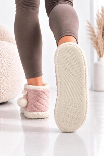 ModaMert Women's Powder Pompom Detailed Comfortable Plush Home Boots, Slippers