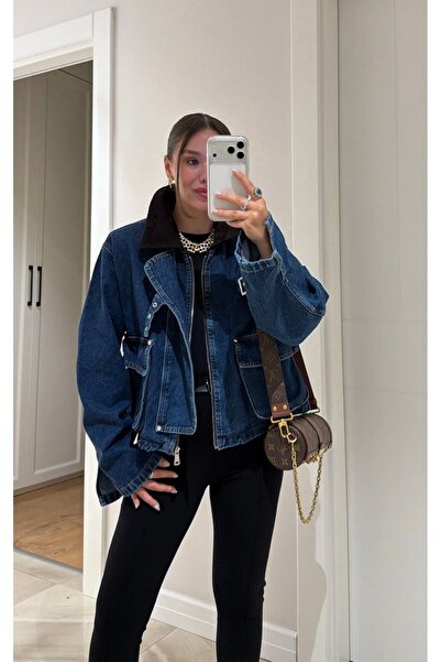 Flow Mavi Kadife Yaka Kemer Detaylı Denim Ceket
