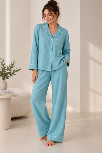 DESPİTE Aqua Lune Kadın Biyeli Şal Yaka Pijama Takımı – Bebek Mavi